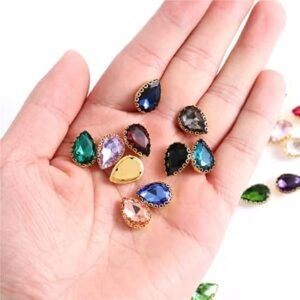 Lecraft Colorful Teardrop Glass Sew On Rhienstones with Golden Base Crystal Clipstones 10 pc ( 14x10mm ) (Champagne)