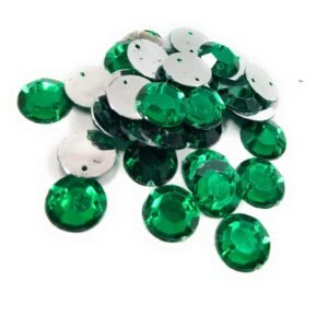 LECRAFT 12 Cut Round Flatback Two Holes Sew-On Rhinestone Crystals Acrylic Beads,Kundan Stone with Hole for Sewing Modal Jewellery Making Embroidery and Craft Work ( 12 MM / 500PC / Green )
