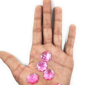 12 Cut Round Flatback Two Holes Sew-On Rhinestone Crystals Acrylic Beads,Kundan Stone with Hole for Sewing Modal Jewellery Making Embroidery and Craft Work( Rose /16MM/100PC/HOLE )