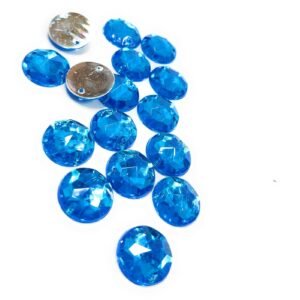 LECRAFT 12 Cut Round Flatback Two Holes Sew-On Rhinestone Crystals Acrylic Beads,Kundan Stone with Hole for Sewing Modal Jewellery Making Embroidery and Craft Work ( 14MM /220 PC / Blue )