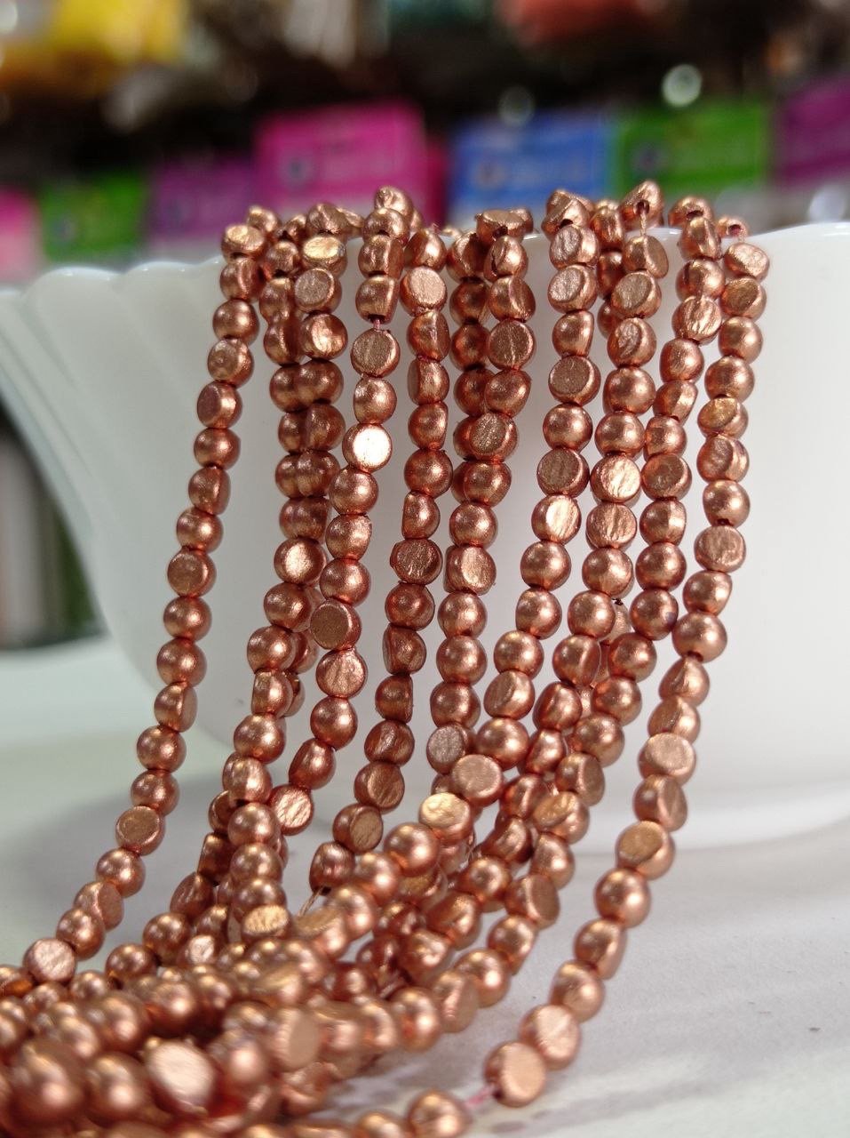 LeCraft Royal Premium Metallic Half Beads - 3mm Faceted Copper for Aari Work & Embroidery(100Beads x 12Lines per bunch) thumbnail 2
