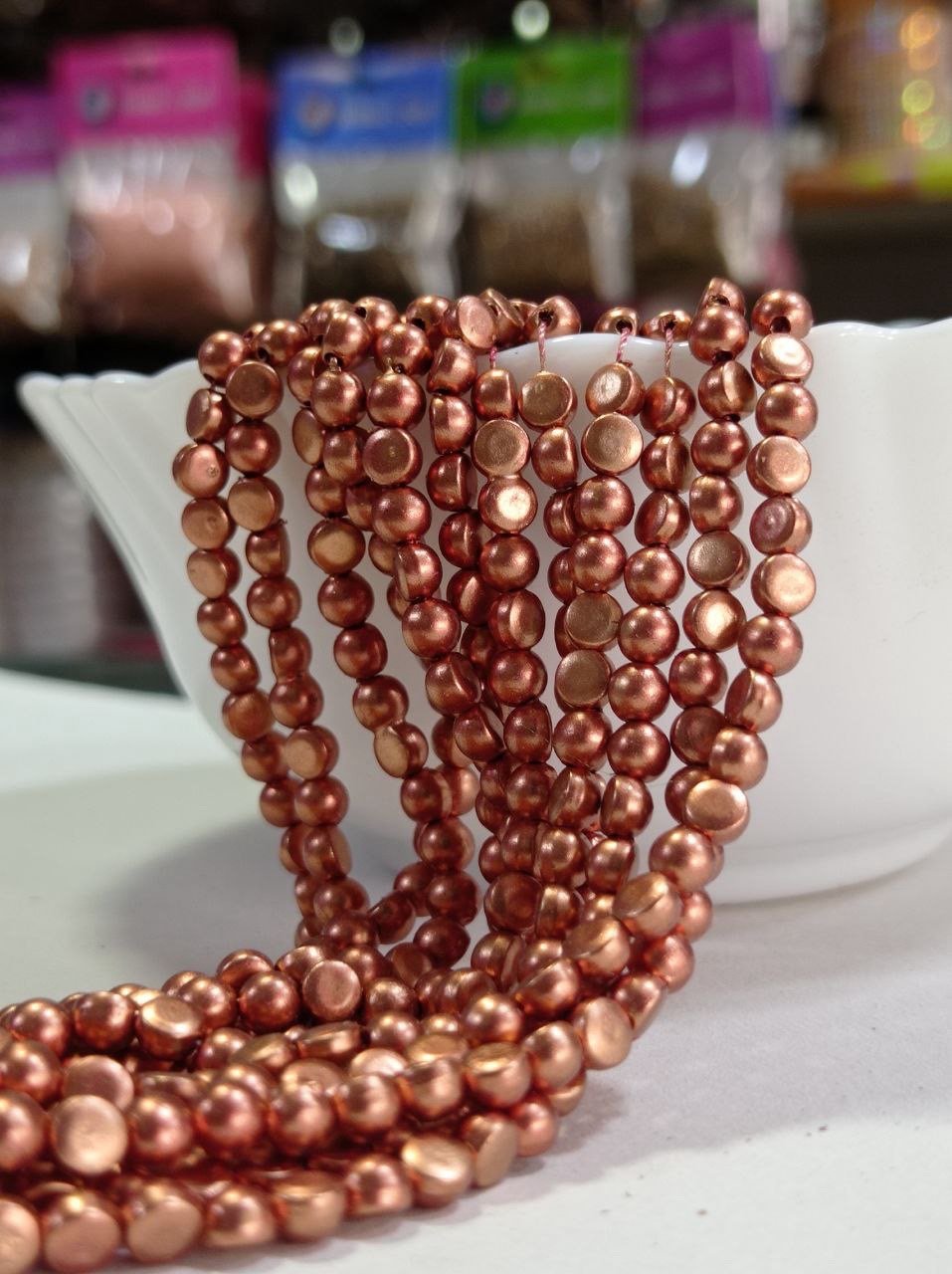 LeCraft Royal Premium Metallic Half Beads - 4mm Faceted Copper for Aari Work & Embroidery(100Beads x 12Lines per bunch) thumbnail 2