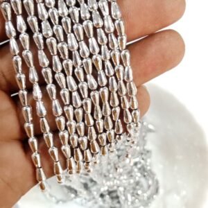 LeCraft Royal Premium Beads – Silver Metallic Drop Beads for Aari & Maggam Work – Designer 'Tear Drop' Spacers for Bridal Embroidery(4mm)(80Beads x 15Lines per bunch)
