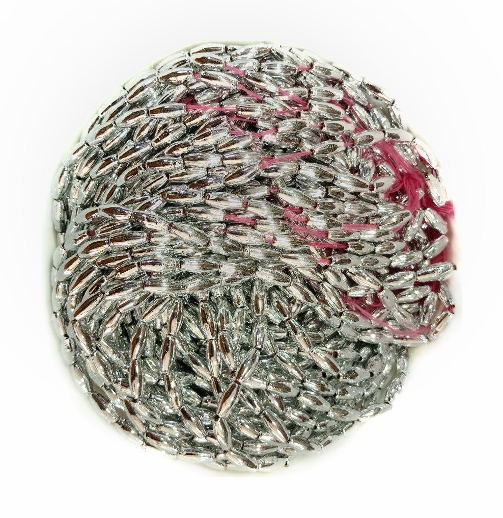 LeCraft Royal Premium Silver Metallic Long Beads - Faceted Rice/Wheat Beads for Aari Work & Embroidery(100Beads x 12bunch )(4mm) thumbnail 2